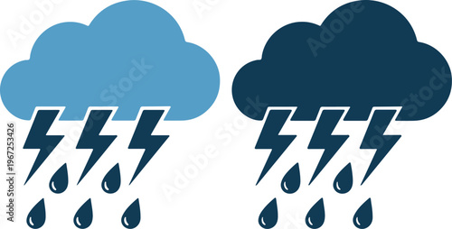 Weather icons of rain clouds with lightning bolts and raindrops