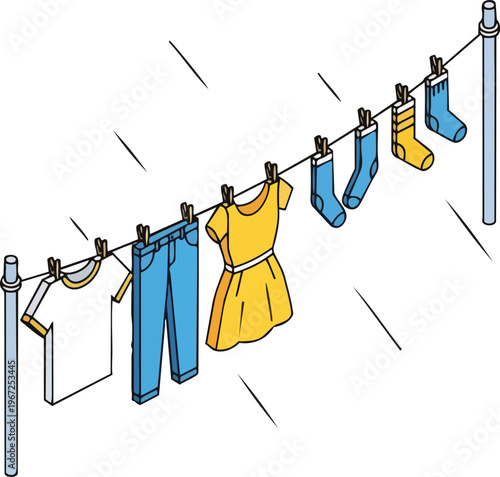 Minimalist Isometric Laundry Illustration of Clothes Hanging on a Drying Line
