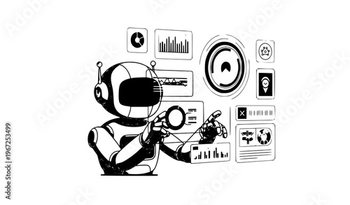 Cute futuristic robot with digital HUD interface clean vector illustration for AI technology design on white background