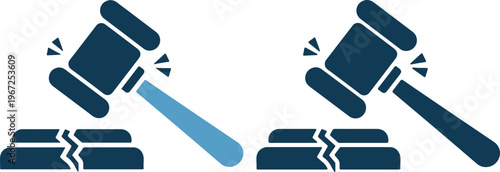 Gavel hitting book with another gavel and book beside it in blue color