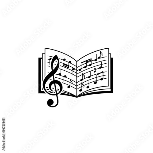 Elegant Black and White Illustration of an Open Musical Score Book with Treble Clef