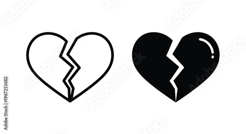 Two broken hearts depicted in contrasting styles a bold silhouette