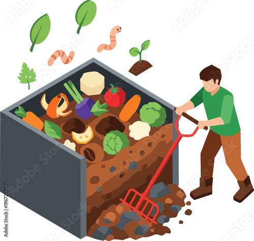 Isometric Illustration of a Man Composting Organic Food Waste for Sustainable Gardening and Soil Enrichment