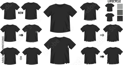 Black T Shirt Lifecycle Illustration with New to Worn Stages, Distressed Edges, Fabric Aging and Clothing Wear Progression for Apparel Design and Textile Study