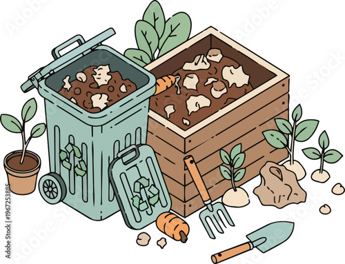 Sustainable Gardening and Composting Illustration with Green Recycle Bin, Wooden Compost Crate, Garden Tools, and Organic Waste for Zero Waste Lifestyle