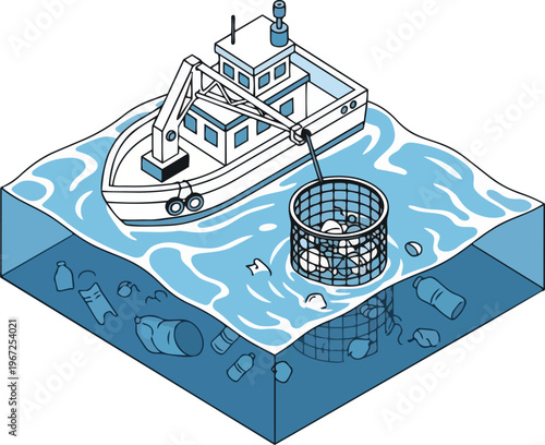 Isometric Illustration of an Ocean Cleanup Boat Removing Plastic Waste and Trash from the Sea with a Crane and Net - Environmental Conservation Concept