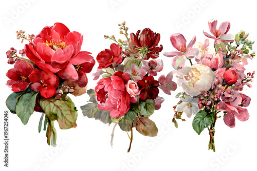 Three floral bouquets in vibrant reds and delicate whites with green leaves, romantic watercolor style arrangements for wedding invitations and home decor.