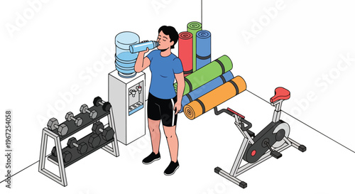 Isometric Illustration of a Woman Drinking Water in a Fitness Gym with Exercise Equipment