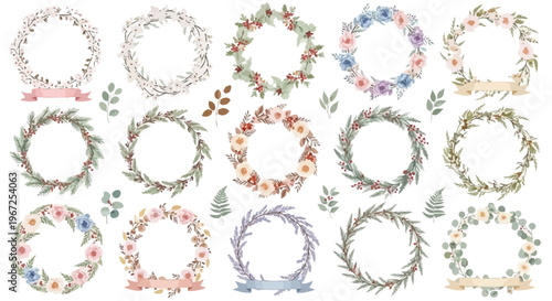 Floral Wreath Circular Celebration Frame Vector Set Seasonal Flower Arrangements for Wedding Invitations