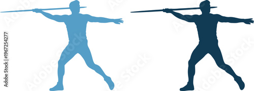 Two athletic silhouettes throwing javelins in contrasting blue colors