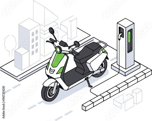Isometric Electric Scooter Charging at EV Station in Modern City; Sustainable Urban Mobility and Green Energy Concept