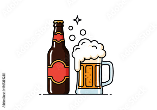 Stylized beer bottle and glass mug with overflowing foam in a minimalist vector style on a white background. Concept for beverage advertising