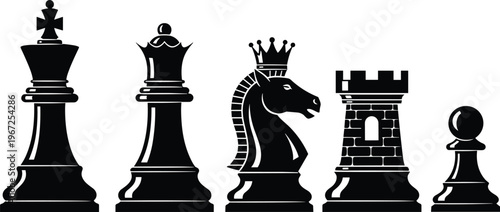 Black silhouette chess piece vector set featuring king, queen, knight, rook, and pawn designs for strategy, board game, and competition illustration