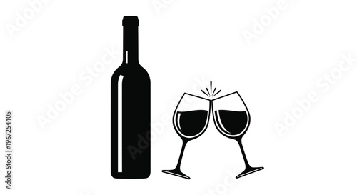 A bottle and two wine glasses in a celebratory toast silhouette