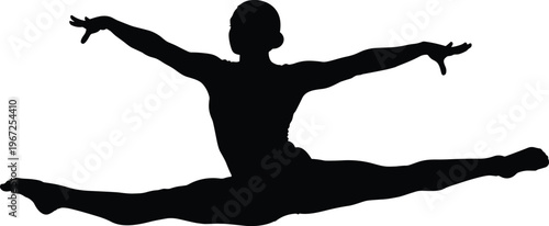 Black silhouette dancer vector illustration featuring split leap jump with extended arms and legs for gymnastics, cheerleading, and athletic artwork
