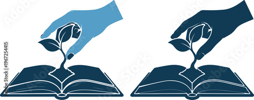 Hands planting seeds on open books in blue silhouette