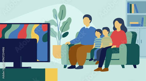 Family with two kids watching TV on a sofa in the living room