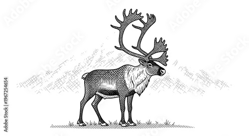Detailed Hand-Drawn Black and White Illustration of a Majestic Reindeer with Large Antlers
