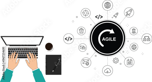 Agile Methodology Icons and Workspace Illustration Featuring Laptop, Agile Process, and Development Workflow
