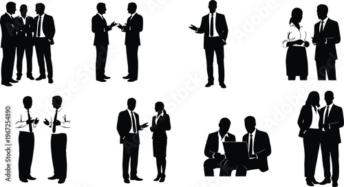 Business people silhouettes discussing and working isolated on white background vector illustration corporate teamwork office professionals collection design set