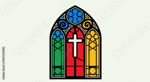 Colorful stained glass church window cross.