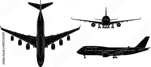 Black silhouette commercial airplane views top, front, side vector illustration design showing aircraft structure for aviation, travel, transportation concept