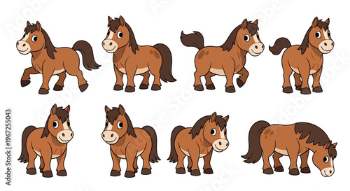 Brown Cartoon Horses in Various Poses.