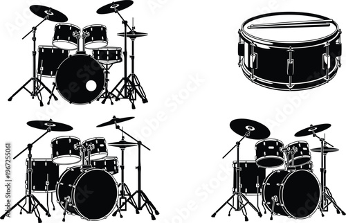Drum set silhouettes isolated on white background vector illustration musical instruments percussion kit snare drum collection band equipment design