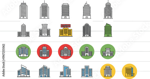 Building Icons Set Featuring Various Skyscrapers, Casinos, and Modern Office Buildings in Multiple Color Variations