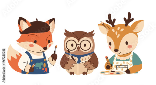 Cartoon Animals Painting with Brushes and Easel.