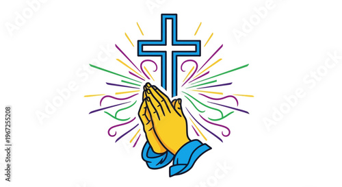Praying Hands with Blue Cross Symbol.