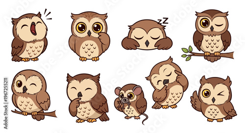 Cartoon Owls in Various Sleeping Positions.