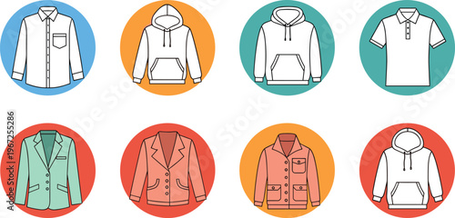 Clothing Icon Set Featuring Button-Down Shirts, Hoodies, Jackets, and Polo Styles for Fashion, Apparel, and Wardrobe Designs