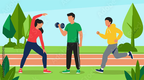 Diverse people exercising in a park, engaging in various fitness activities