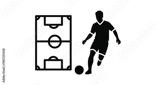 Soccer player dribbling a ball on a field black silhouette