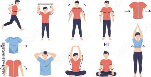 Stretchable T Shirt Fit Illustration with Movement Flexibility, Body Motion, Comfort Zones and Elastic Fabric Behavior for Activewear, Fitness and Apparel Design