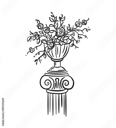 Vintage pot with roses on an antique column