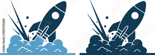 Rocket ship launching into the sky with smoke and flames vector illustration