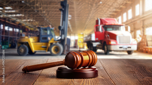 Gavel depicting legal issues in logistics and transport industry with a focus on commercial vehicle law and compliance, showcasing a trucking and warehouse setting with industry equipment