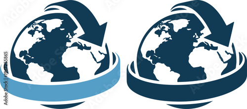 Two globes with arrows wrapped around them in blue and dark blue