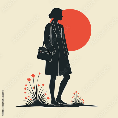 elegant woman silhouette in coat with shoulder bag, red sun on background for autumn fashion blogs, style presentations, retail catalogs, beauty websites, artistic posters and branding, with copy spac