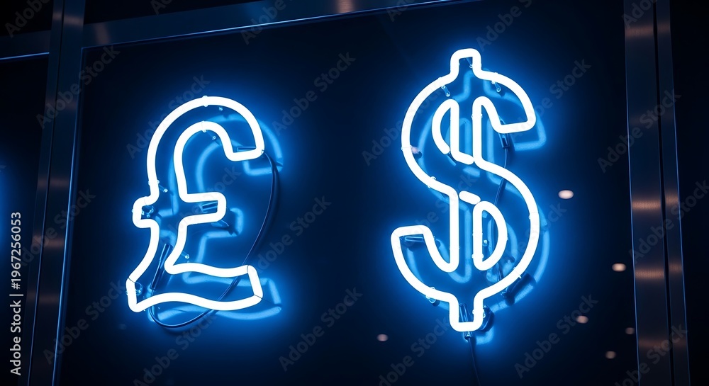 Obraz premium Neon currency symbols a vibrant display of british pound and us dollar signs in electric blue