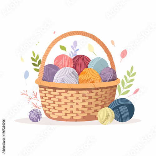 Bunte Wollknäuel in einem Korb – kreative Handarbeit