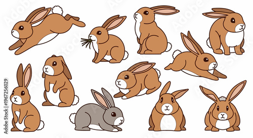 Group of Cartoon Rabbits in Various Poses.