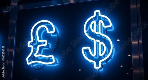 Neon currency symbols a vibrant display of british pound and us dollar signs in electric blue