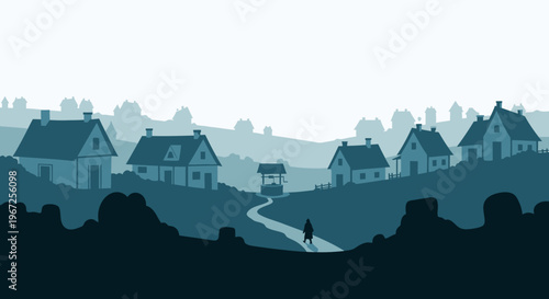 Illustration of Person Walking Towards Houses.