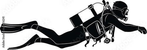 Scuba diver silhouette swimming underwater with oxygen tank isolated on white background vector illustration marine adventure diving equipment design