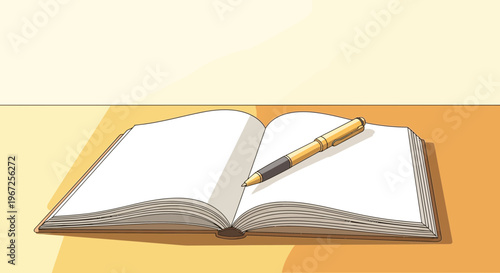 Elegant image of a golden pen on an open blank book, perfect for writers, authors, bloggers, and stationary concepts.