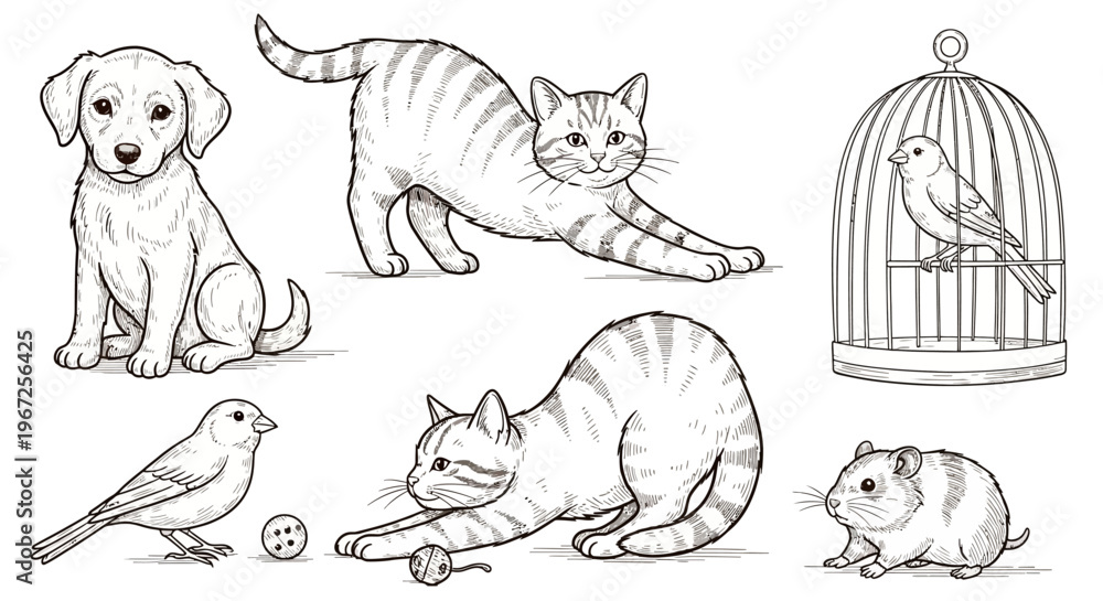 Obraz premium Pencil Drawings of Various Domestic Pets.