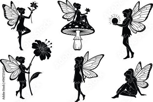 Set of fairy silhouettes with flowers and mushroom isolated on white background vector illustration fantasy nature characters decorative design